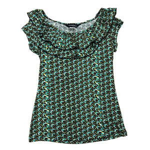Mixxology Women MEDIUM Green Geometric Ruffle Cap Sleeve Fitted Blouse Top